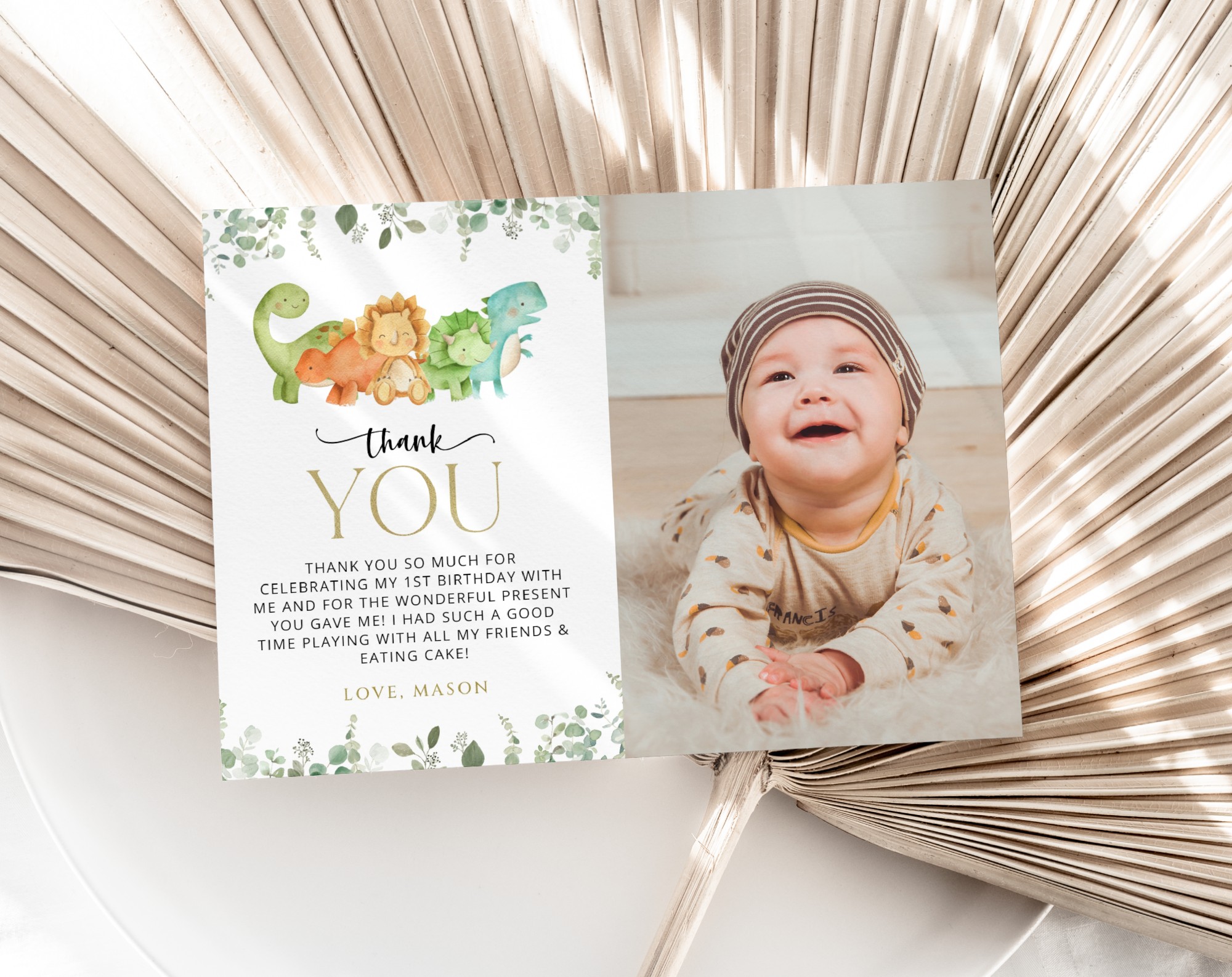 cute dinosaurs thank you card, first birthday, boy birthday, printable  file, edit yourself, sh25